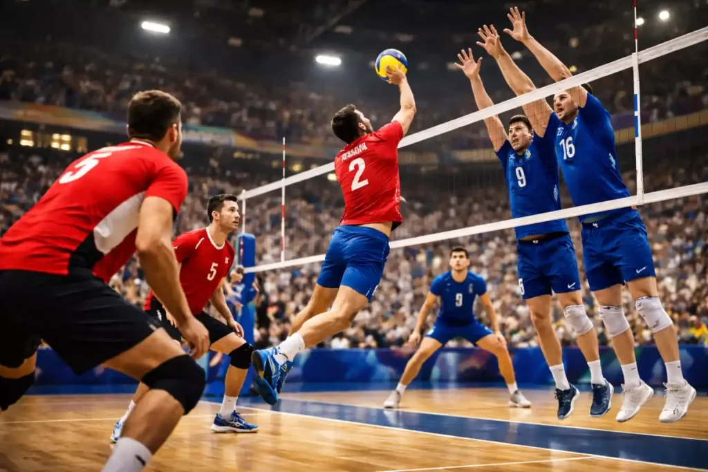 Konzentrierter Blick auf Volleyball-Match mit strategischer Planung