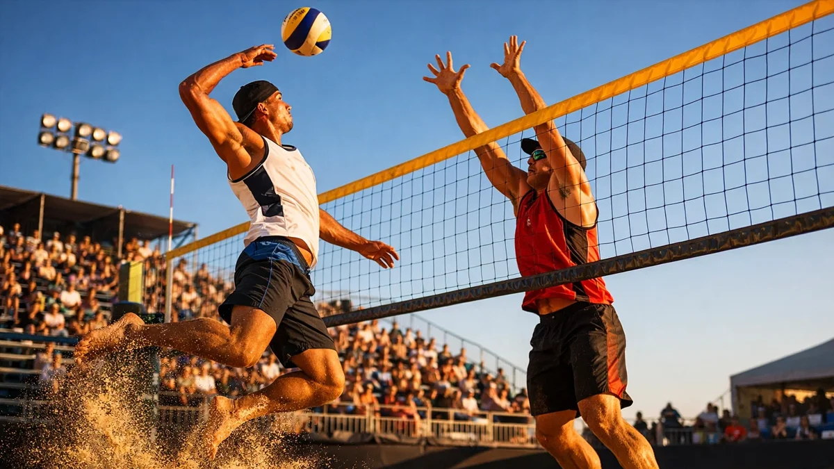 Dynamische Beachvolleyball-Szene mit zwei Spielern am Netz vor sonnigem Strandhintergrund
