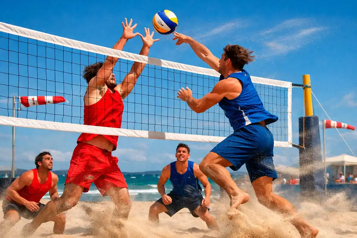 Beachvolleyball-Spieler bei windigen Bedingungen am Strand