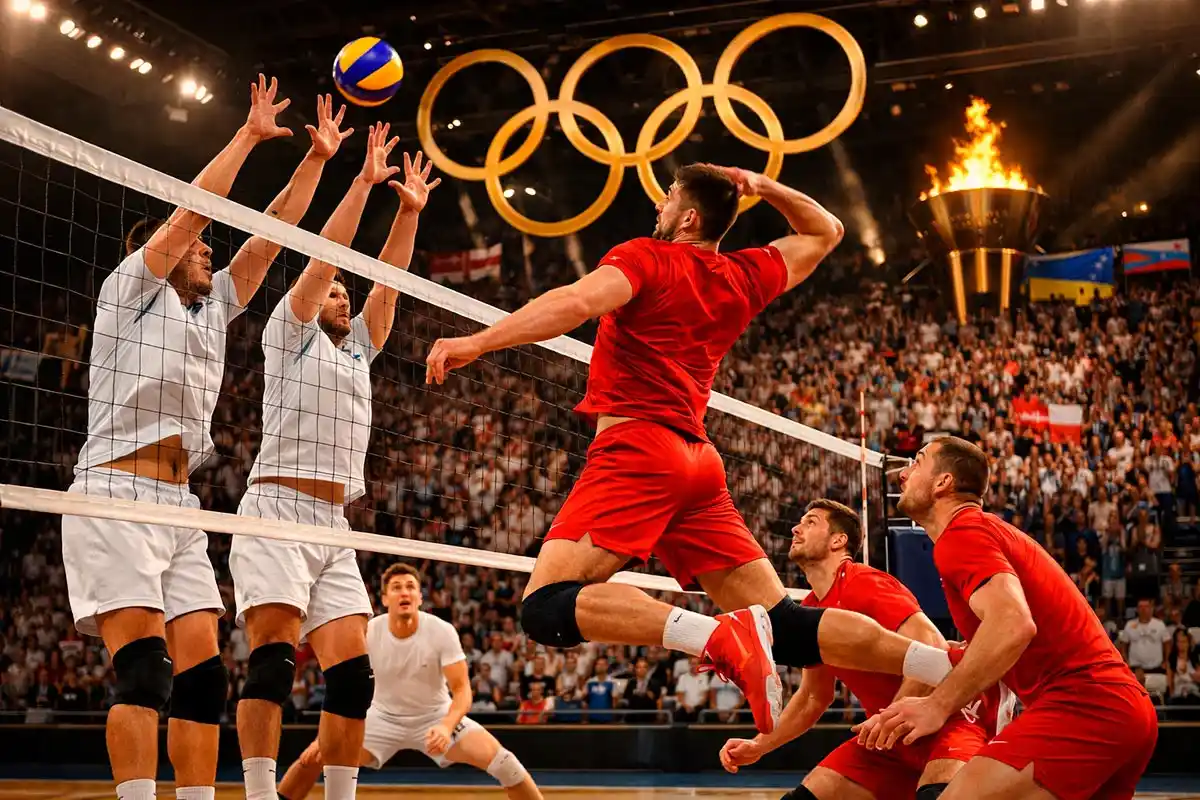 Olympisches Volleyball-Finale mit goldener Medaille und olympischen Ringen