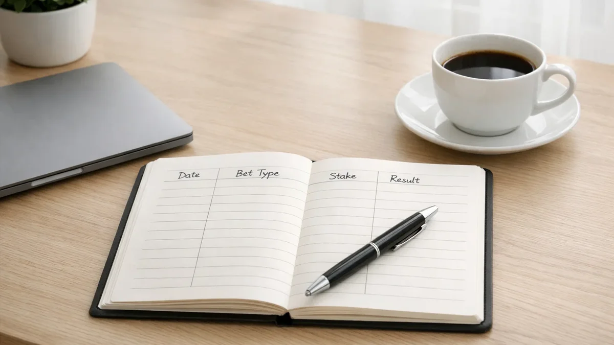 Organisierter Schreibtisch mit Notizbuch für Wettaufzeichnungen und strukturierter Planung