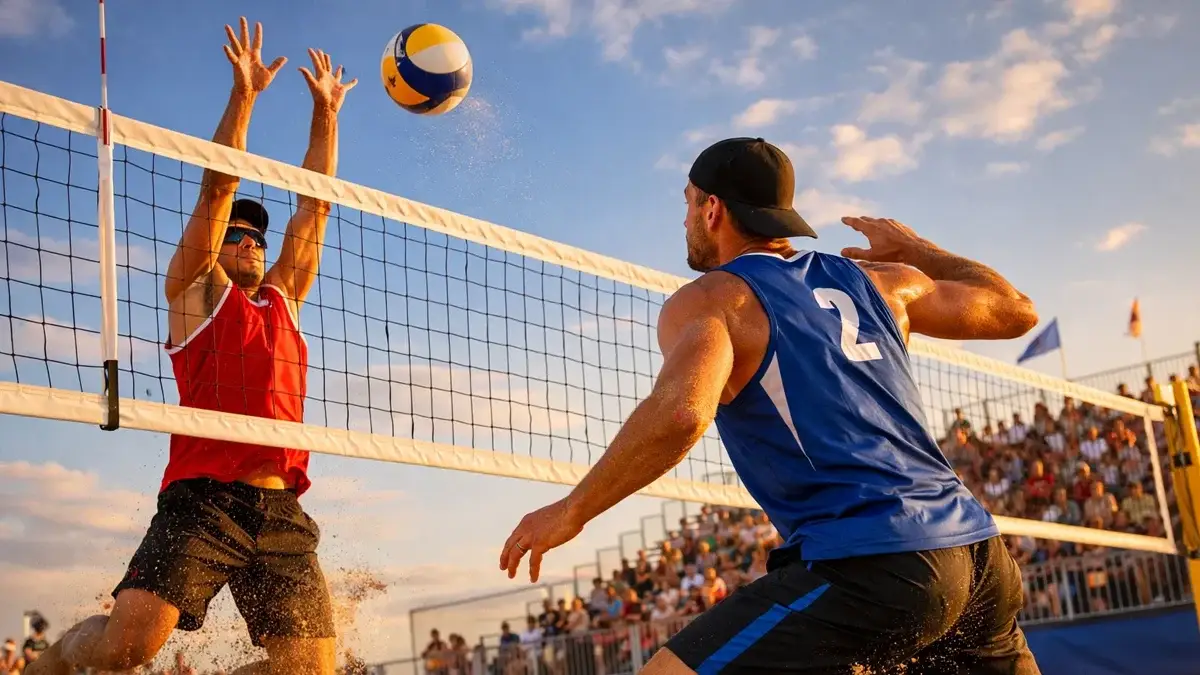 Zwei Beachvolleyball-Spieler im Sprung am Netz vor sonnigem Strandhintergrund mit Publikum