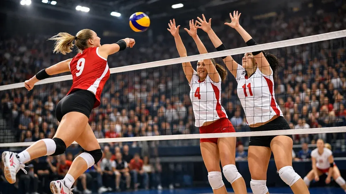 Damen-Volleyball Bundesliga Match mit kraftvollem Angriff und Block am Netz