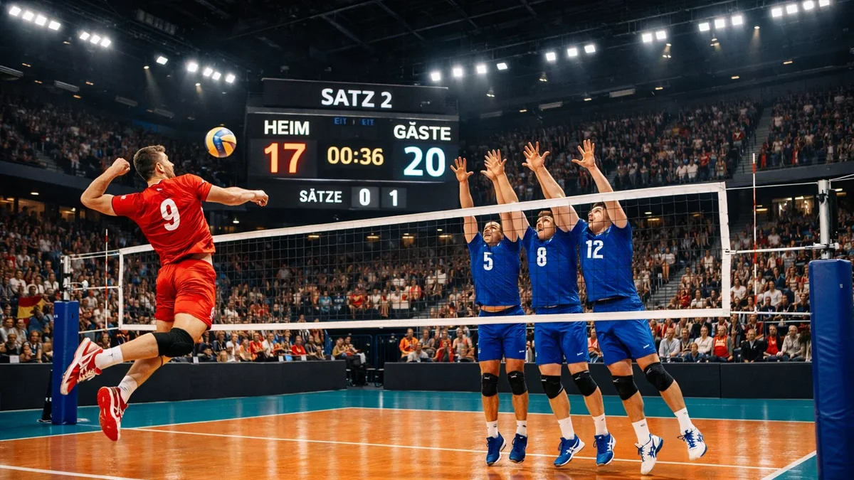 Packende Spielszene aus der deutschen Volleyball Bundesliga mit vollem Stadion