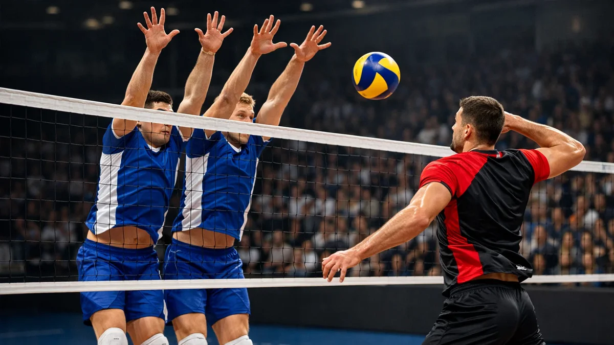 Herren-Volleyball Bundesliga Spiel mit intensivem Netzduell zwischen Top-Teams