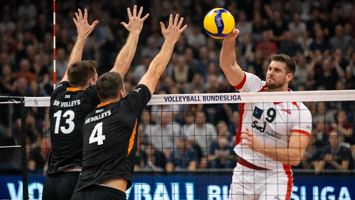 Packende Spielszene aus der deutschen Volleyball Bundesliga mit Block am Netz