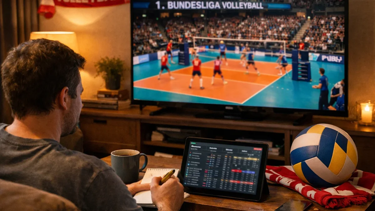 Fan verfolgt Volleyball Bundesliga Spiel und analysiert Wettmöglichkeiten