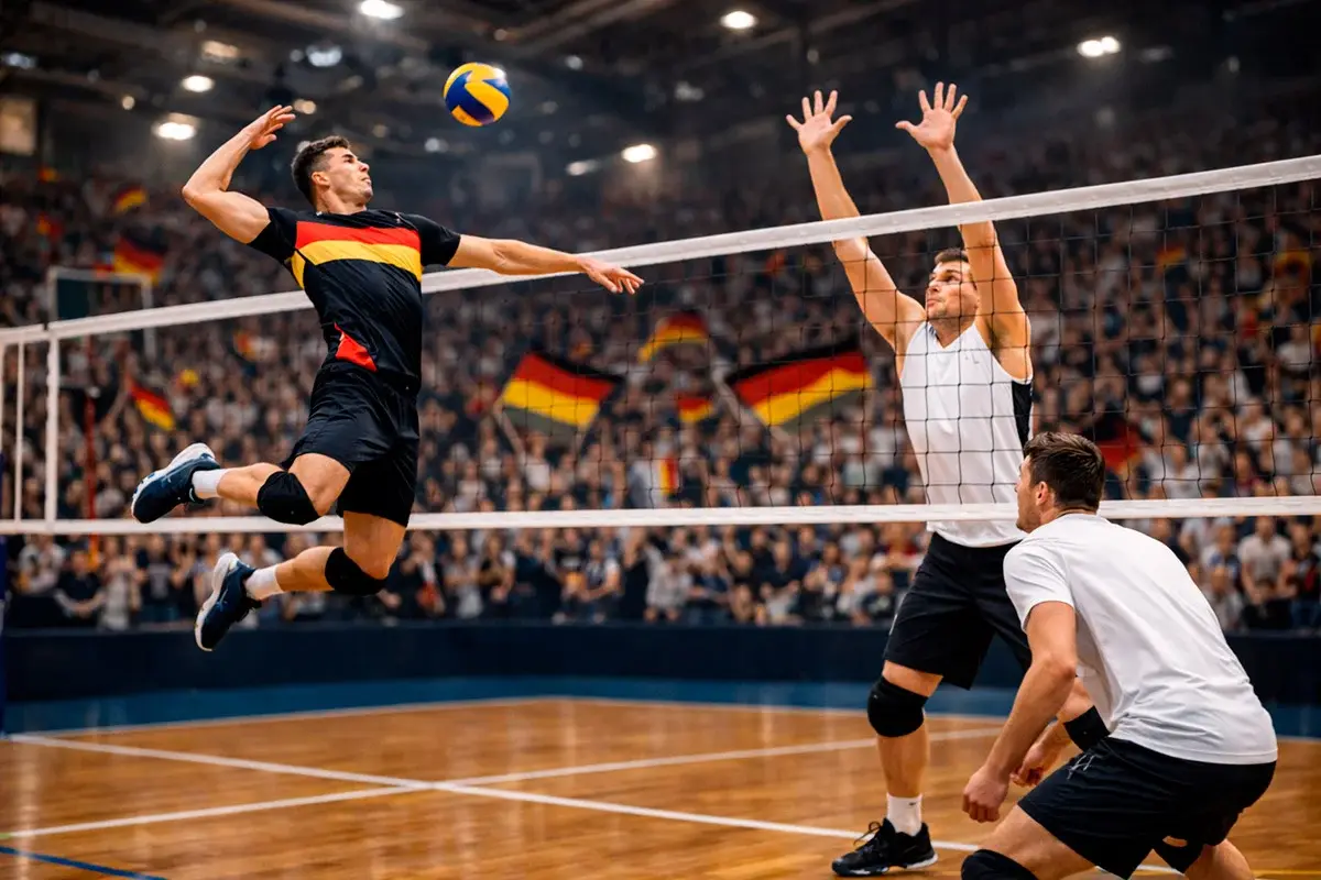 Deutsche Volleyball-Mannschaft im Angriff mit begeisterten Fans im Hintergrund