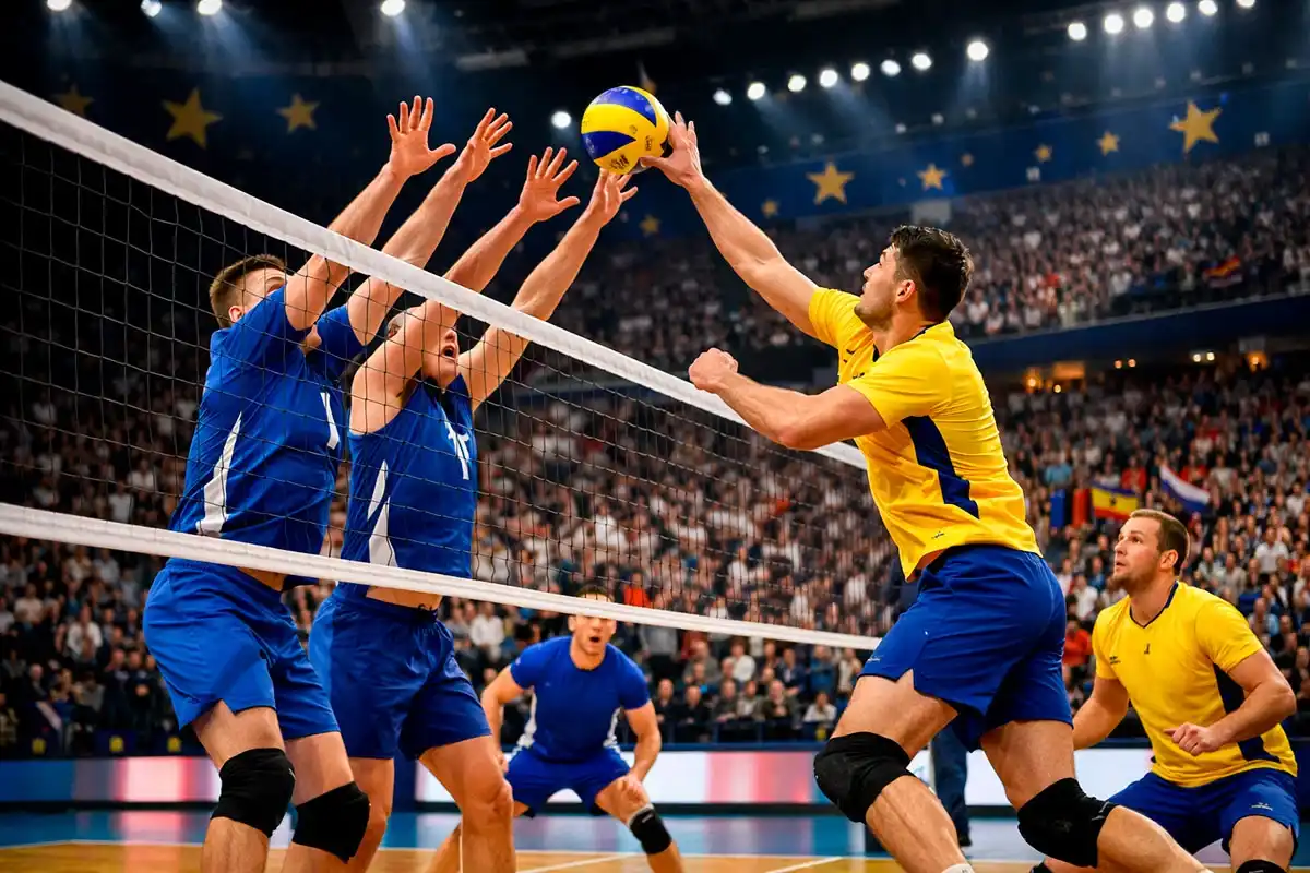 Europäisches Volleyball-Spitzenspiel mit vollem Stadion und CEV-Branding
