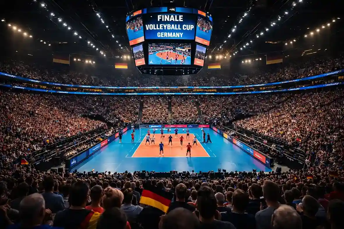 DVV-Pokal Finale Atmosphäre mit voller Arena und spannender Spielszene