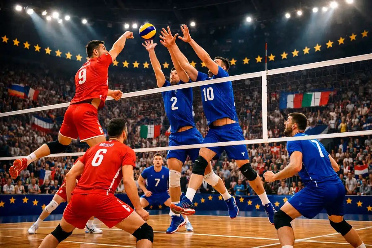 Volleyball-Europameisterschaft mit europäischen Teams und EM-Atmosphäre