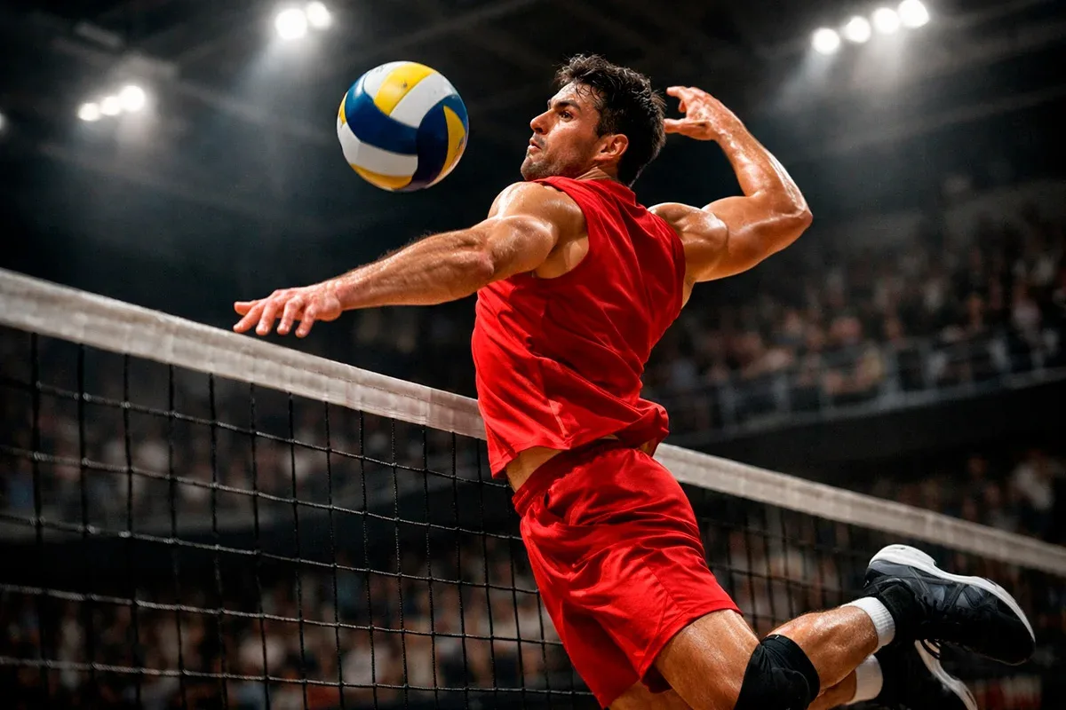 Volleyballspieler beim kraftvollen Angriff am Netz mit dramatischer Hallenbeleuchtung