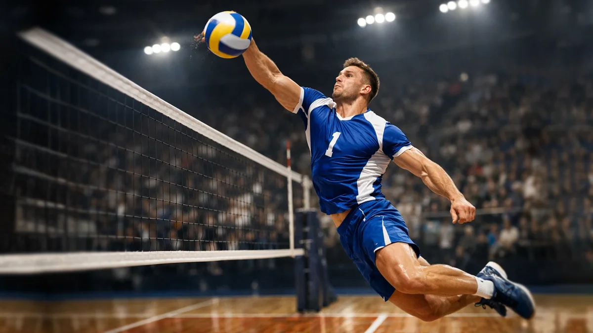 Dynamische Volleyball-Spielszene mit Angriff am Netz in einer professionellen Sporthalle