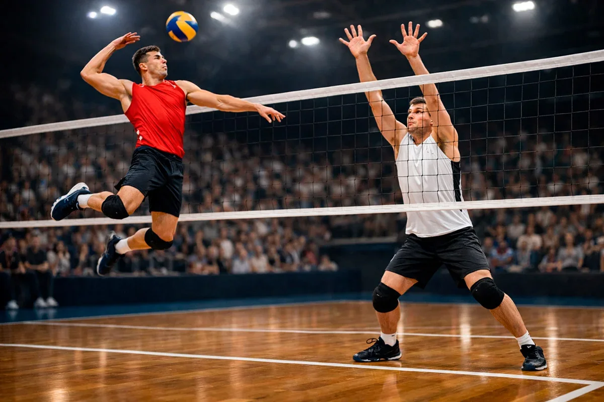 Mehrere Volleyball-Spielszenen nebeneinander mit verschiedenen Mannschaften im Wettkampf