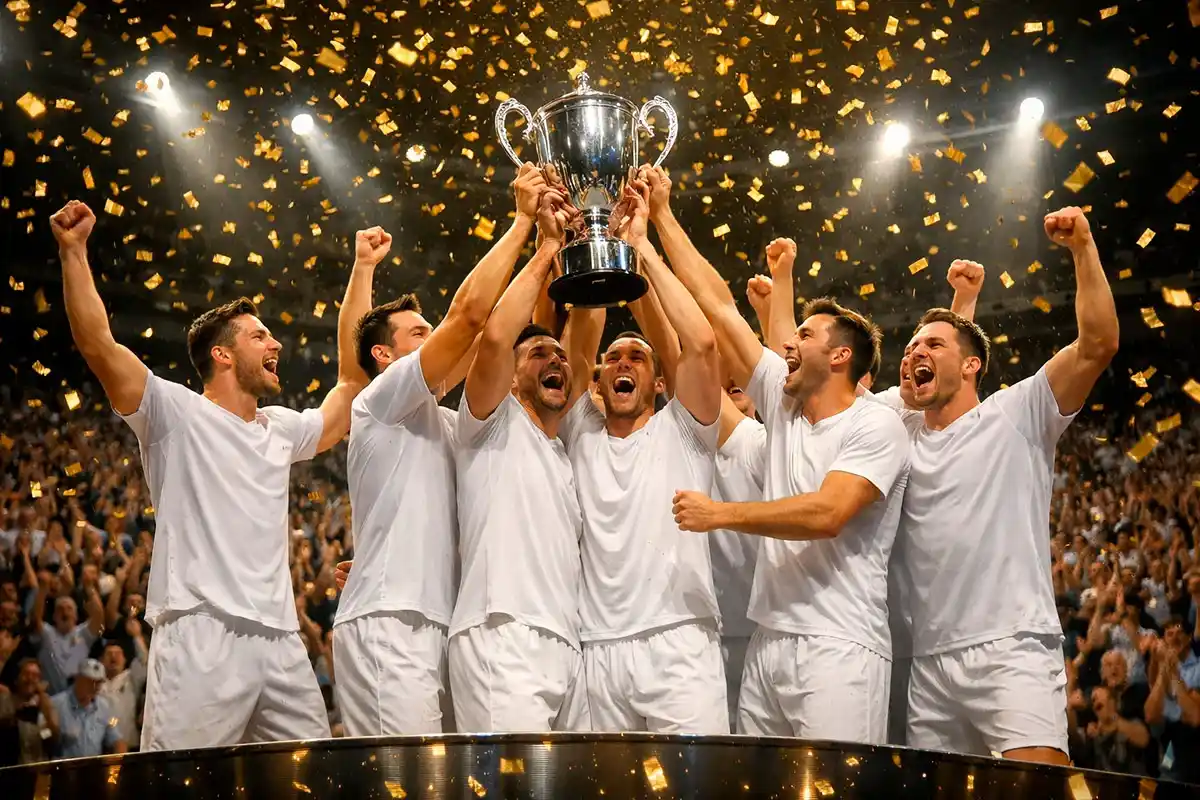 Volleyball-Mannschaft hebt Meisterpokal in die Höhe mit Konfetti in der Arena