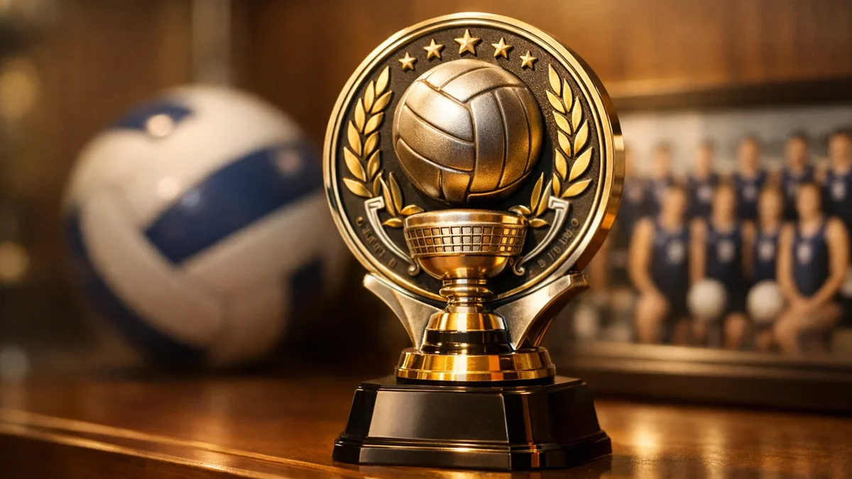 Volleyball-Pokal und Meisterschaftstrophäe symbolisieren Langzeitwetten auf Saisonerfolge