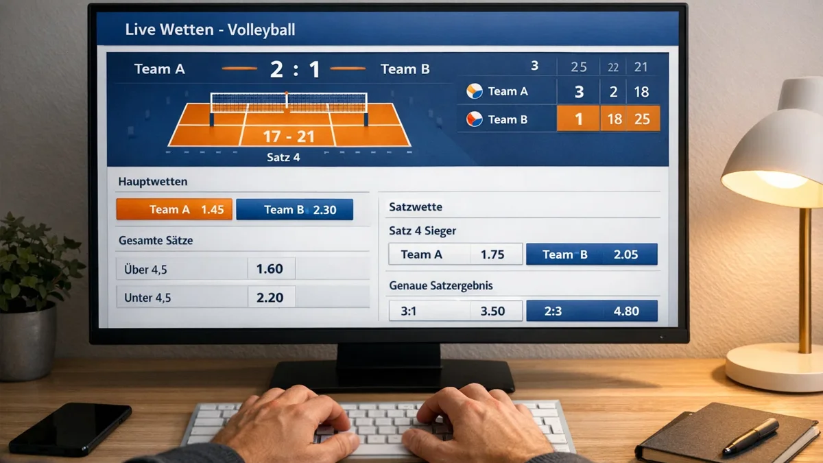 Moderne Wettplattform mit Echtzeit-Quotenanzeige für ein Volleyball-Spiel auf einem Bildschirm