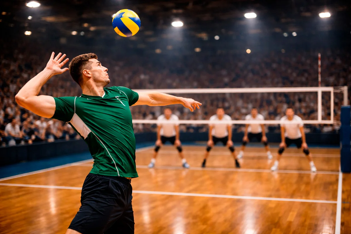 Volleyball-Spieler serviert mit voller Konzentration in entscheidender Spielphase