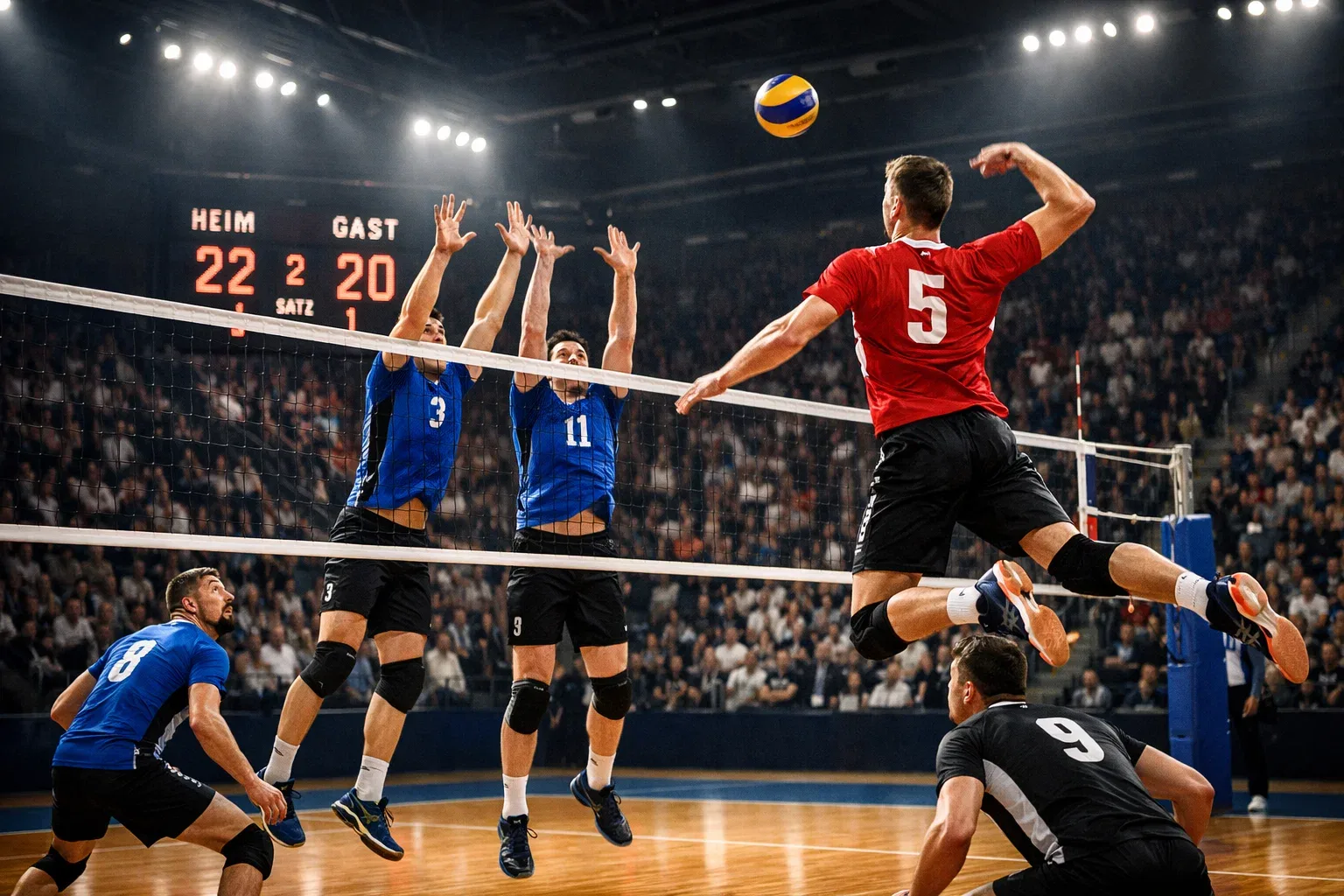 Spannendes Volleyball-Spiel in einer Arena mit Live-Anzeigetafel und begeisterten Zuschauern