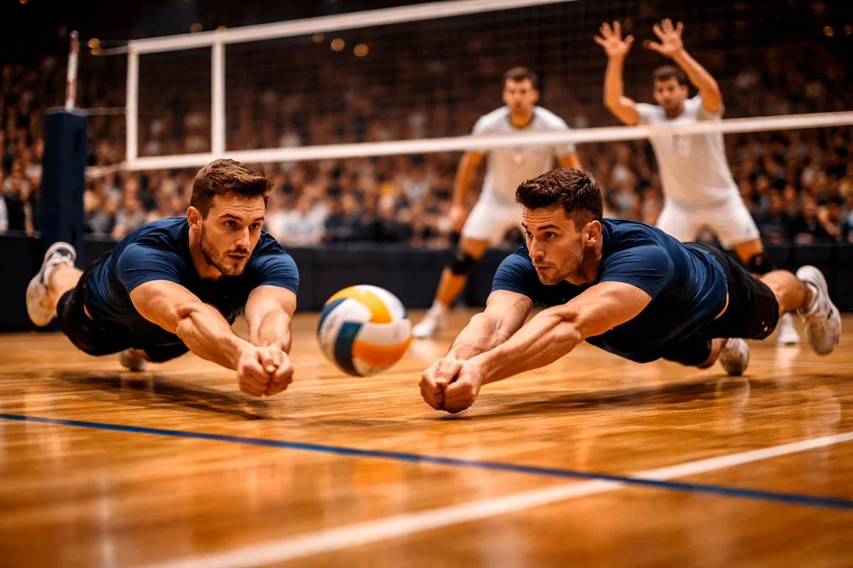 Intensiver Volleyball-Ballwechsel mit konzentrierten Spielern und gespanntem Publikum