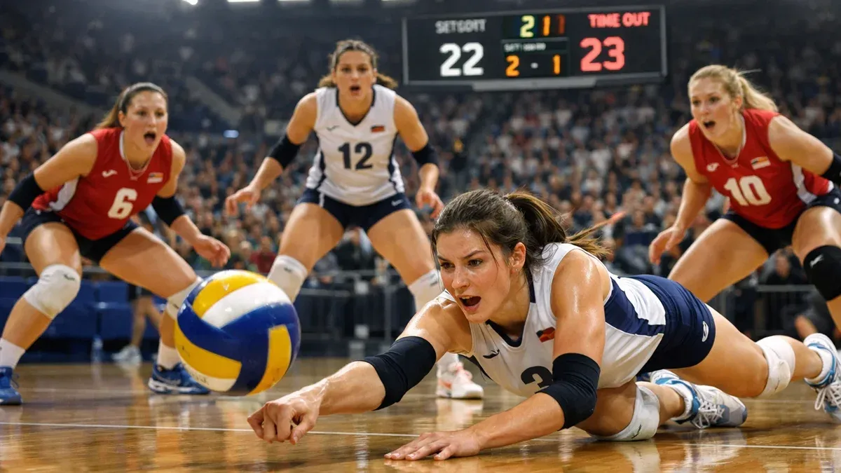 Spannendes Volleyball-Spiel in einer vollen Arena mit Anzeigetafel und begeisterten Zuschauern