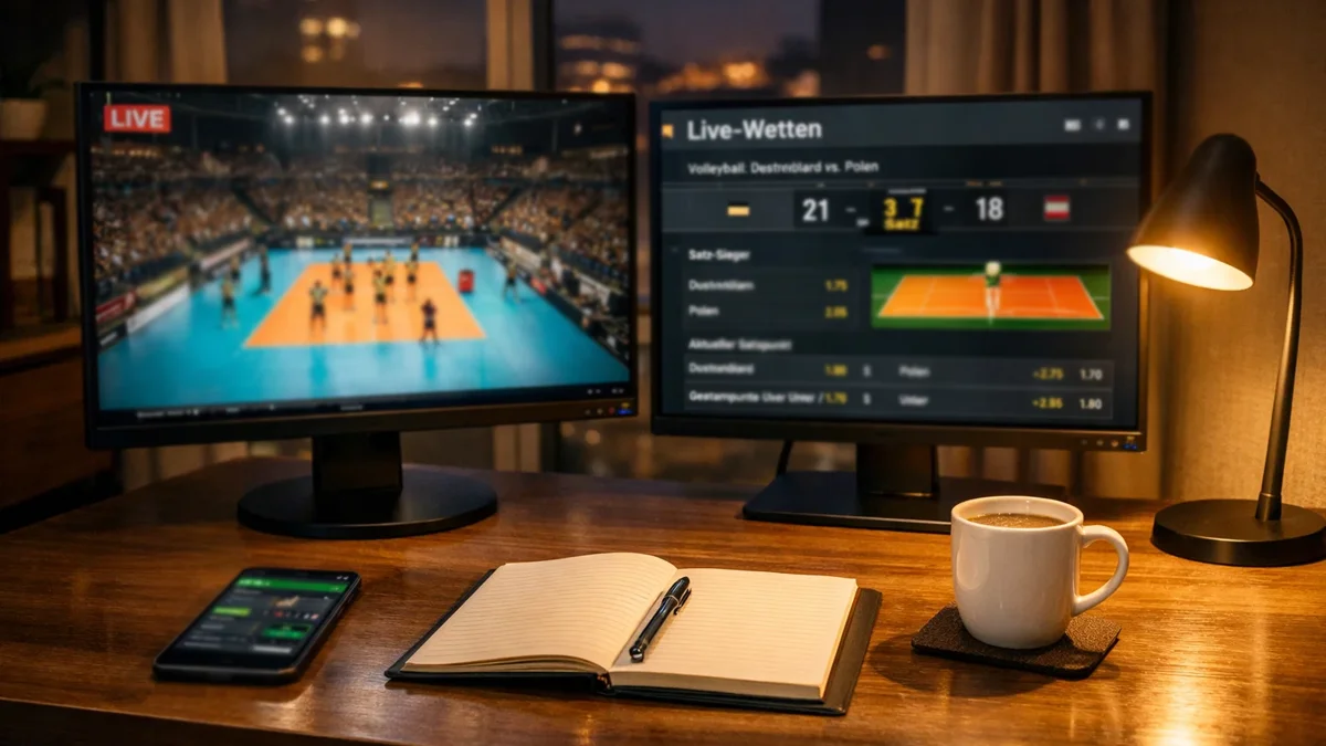 Arbeitsplatz mit zwei Bildschirmen zeigt Volleyball-Livestream und Wettplattform gleichzeitig