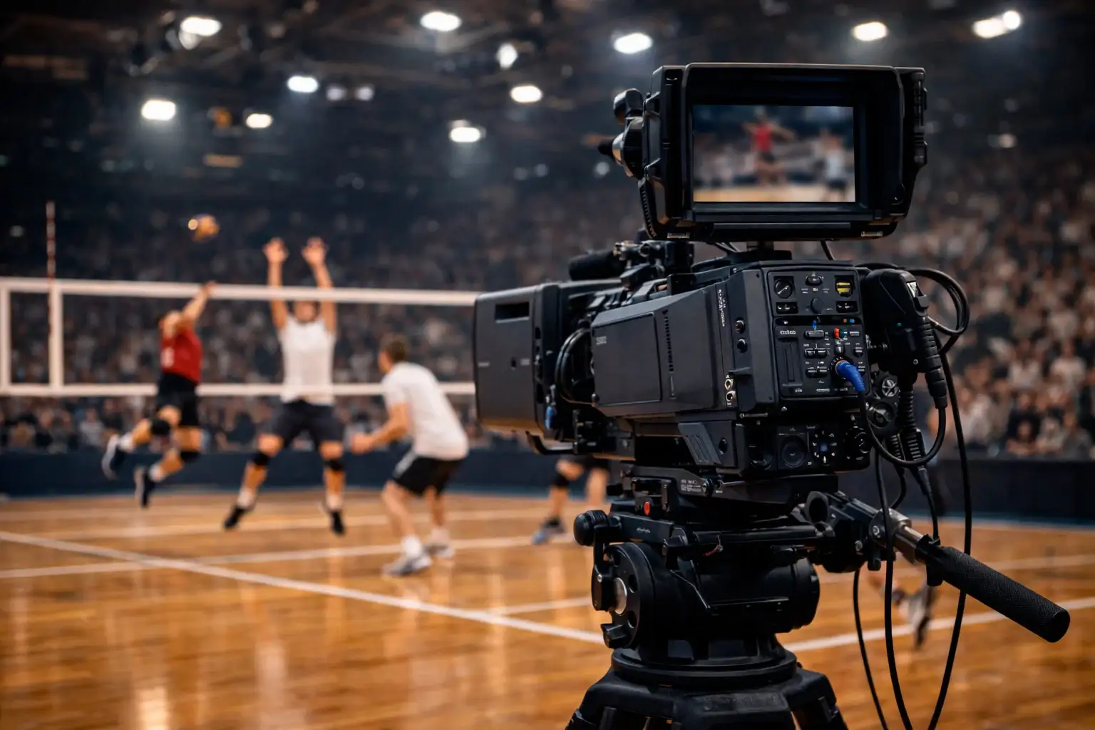 Professionelle Volleyball-Übertragung mit Kameras und Beleuchtung in moderner Arena