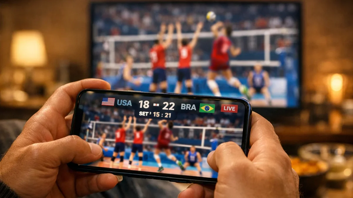 Person verfolgt Volleyballspiel auf Smartphone