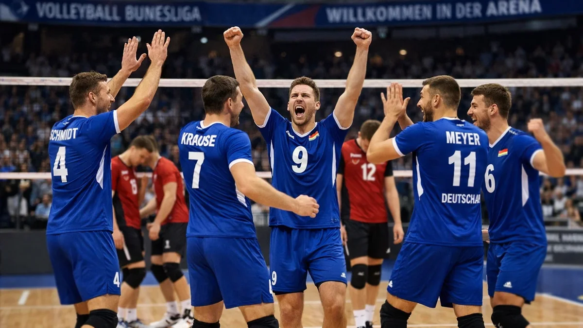 Volleyball-Team feiert eine Punkteserie mit Jubel und High-Fives während eines Spiels