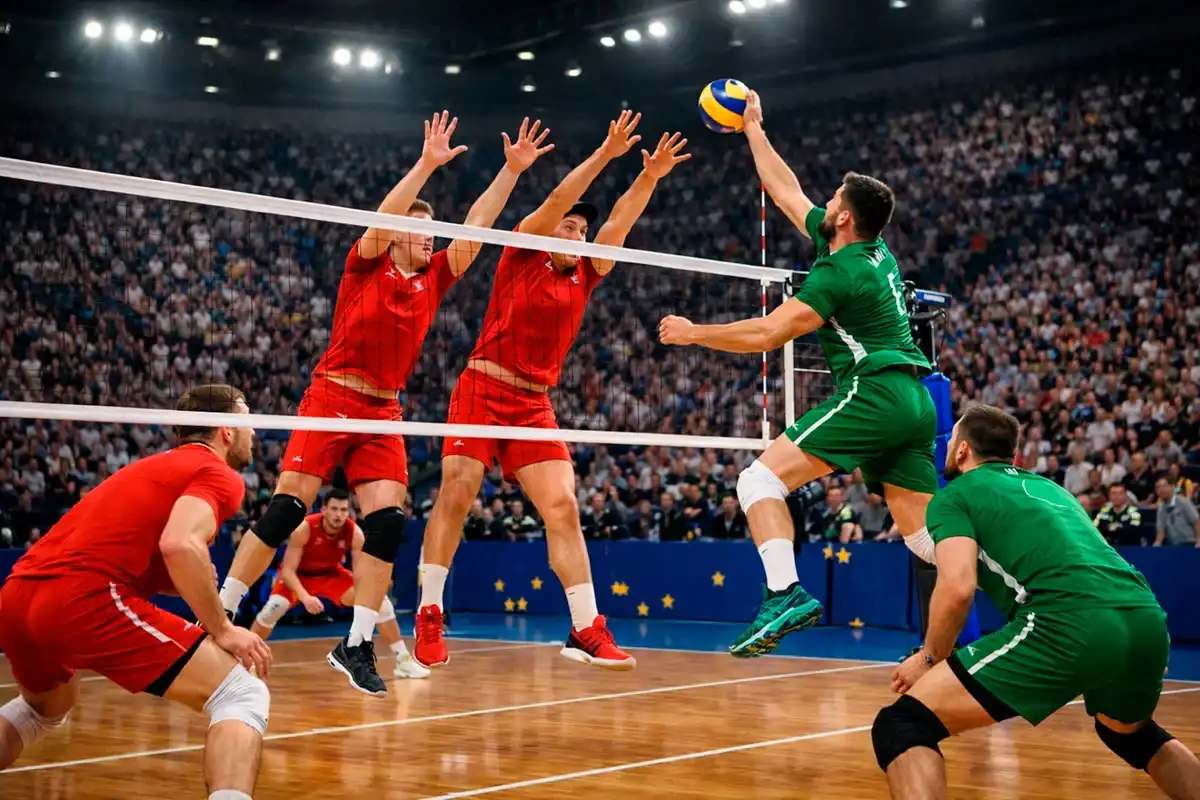 Nationalmannschafts-Volleyball mit Landesflaggen und internationalem Publikum