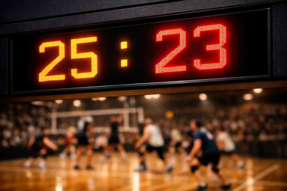 Volleyball-Anzeigetafel mit Punktestand und Spieler im Hintergrund während eines Matches
