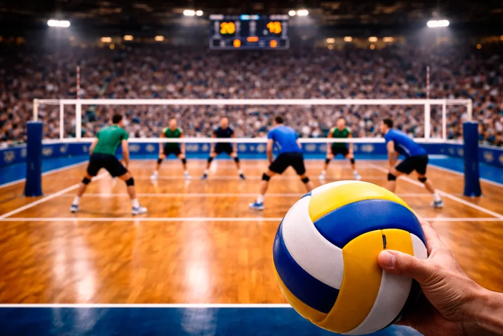 Volleyball-Ball vor Anzeigetafel mit Spielstand