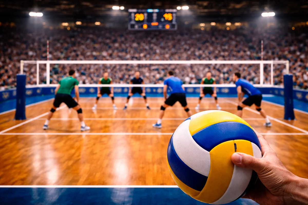 Volleyball-Ball vor Anzeigetafel mit Spielstand