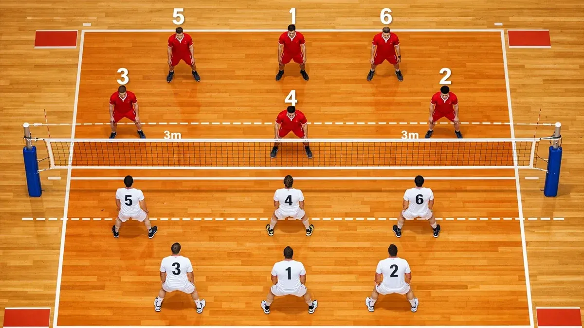 Schematische Darstellung eines Volleyball-Spielfeldes mit Spielerpositionen und Rotationsrichtung