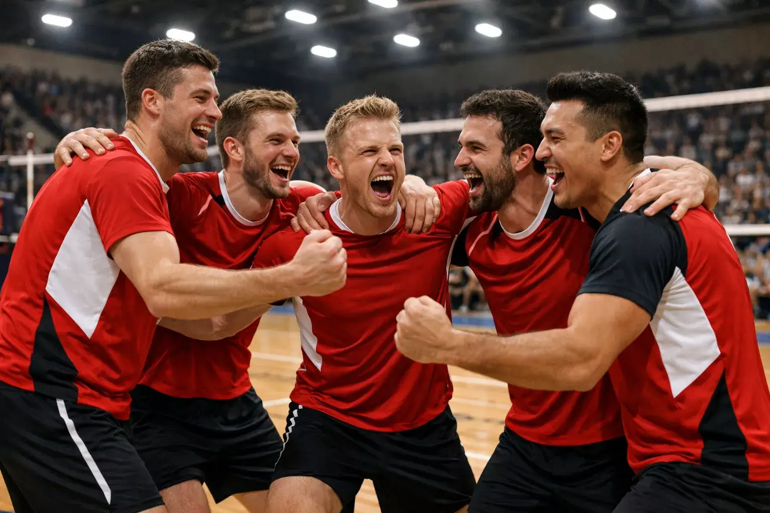 Volleyball-Team feiert Satzgewinn mit ausgestreckten Armen in beleuchteter Sporthalle