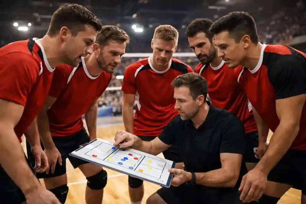 Volleyball-Team bei taktischer Besprechung während einer Auszeit