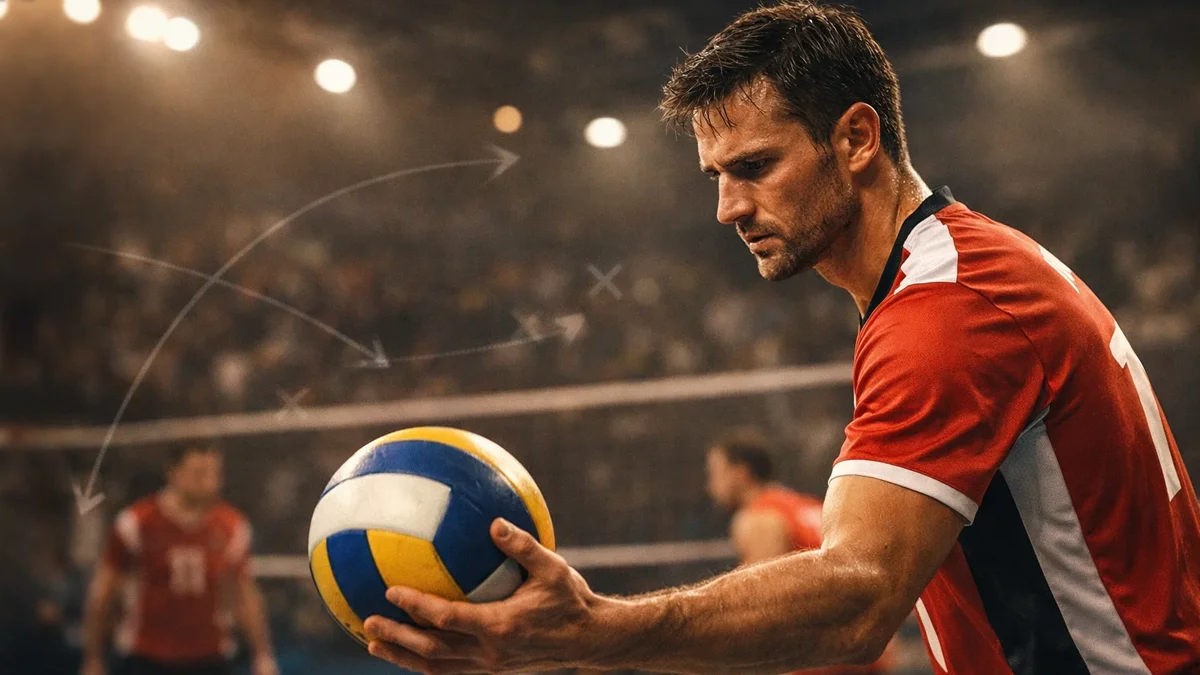 Volleyball-Spieler am Netz mit strategischer Analyse-Überlagerung symbolisiert durchdachtes Wetten