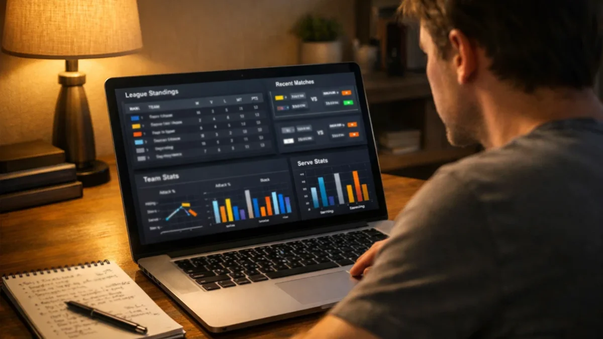 Person analysiert Volleyball-Statistiken und Quoten auf einem Laptop für Value-Wetten