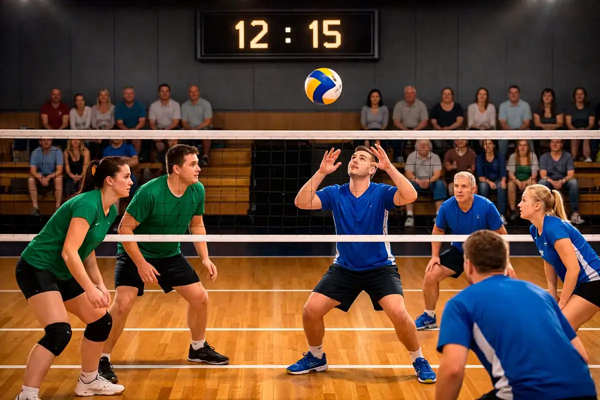Volleyball-Spiel in der Halle mit Publikum und Anzeigetafel