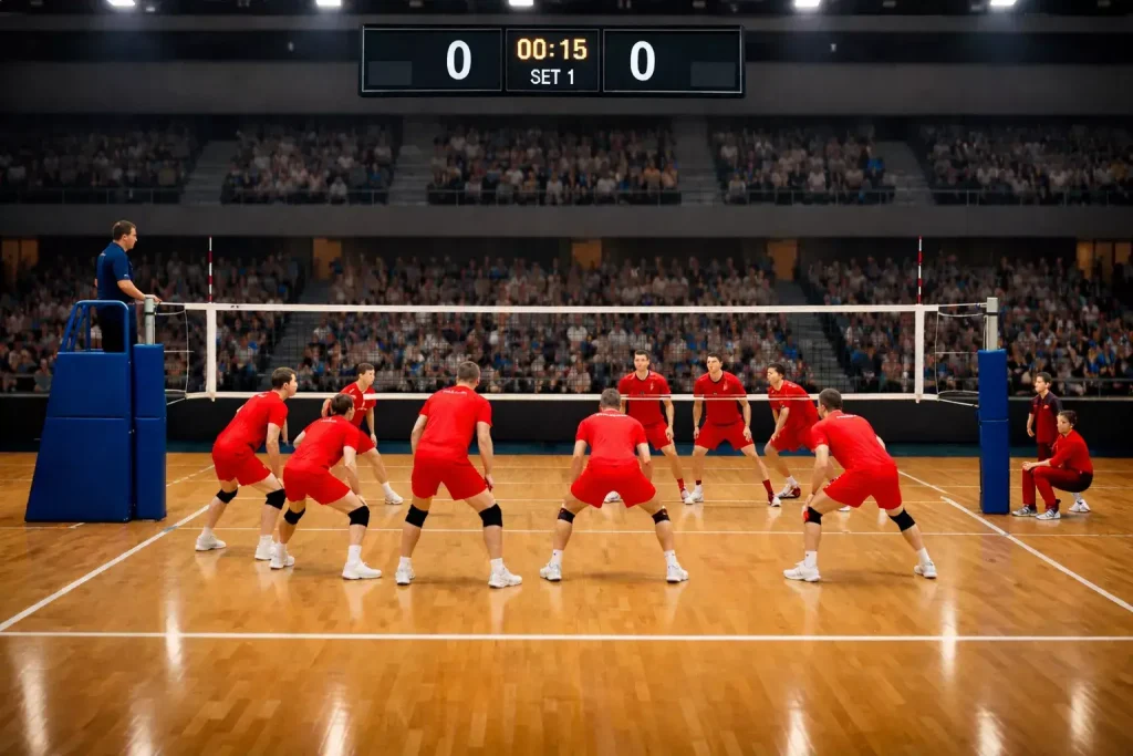 Volleyball-Bundesliga Spiel in moderner deutscher Arena