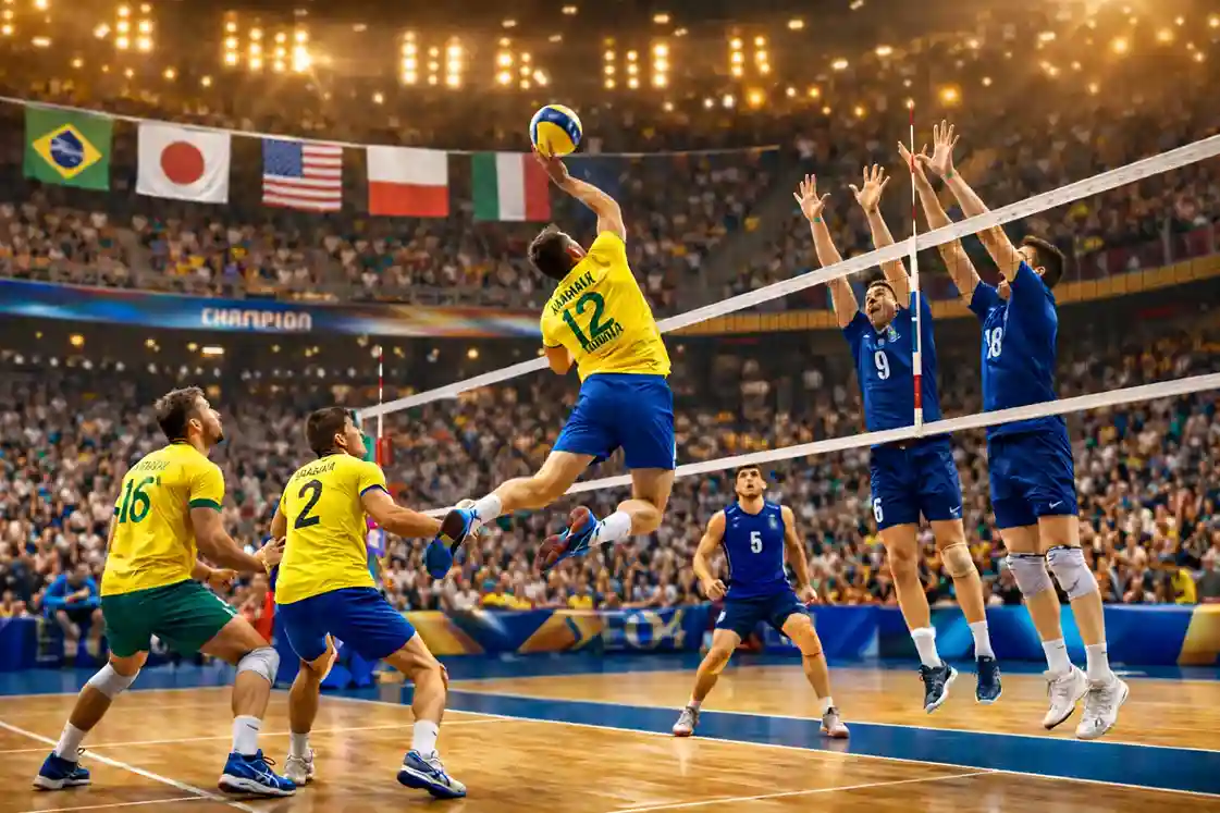 Volleyball-Weltmeisterschaft mit Teams aus verschiedenen Kontinenten und WM-Branding