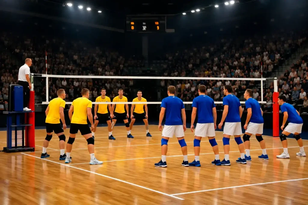 Professionelles Volleyball-Spiel in deutscher Sporthalle
