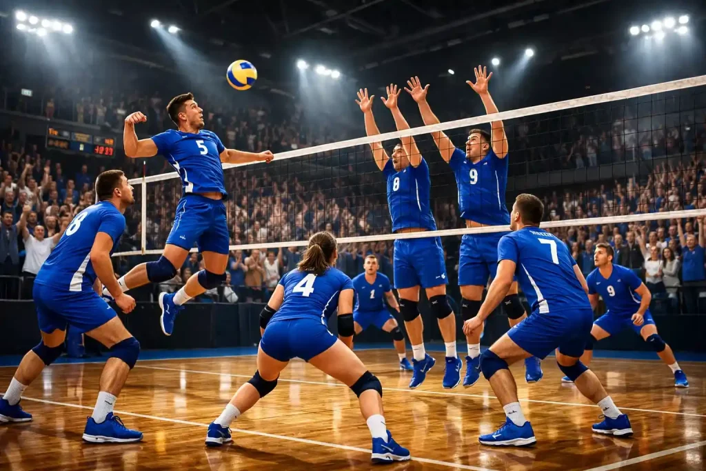 Spannendes Volleyball-Spiel mit jubelnden Fans auf der Tribüne
